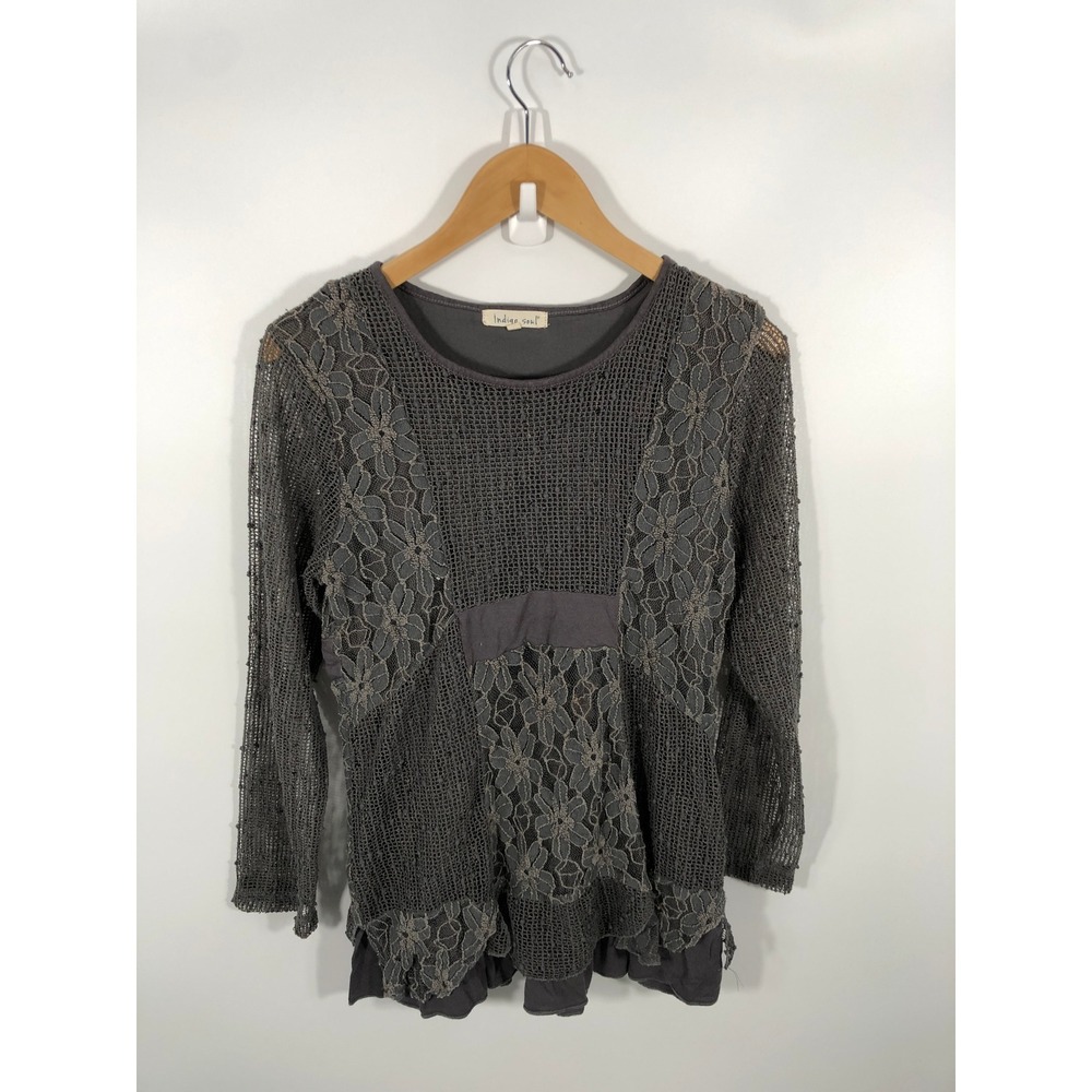 Crochet Knit Long Sleeve Womens S Grey Sheer Whimsigoth Boho Dark Fairy Grunge
